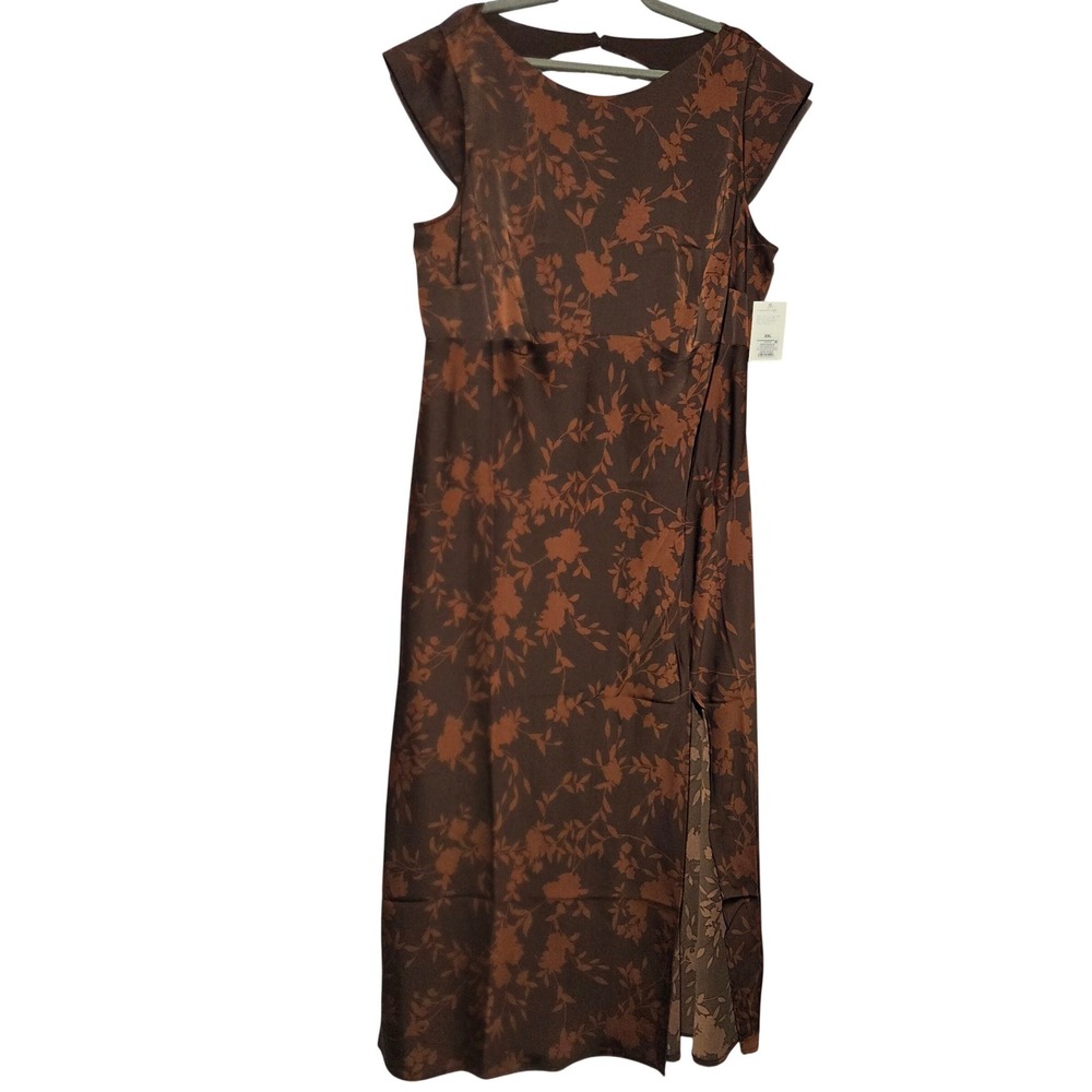 A New Day Brown Floral Open Back Maxi Dress Cap Sleeve Slit XXL NEW